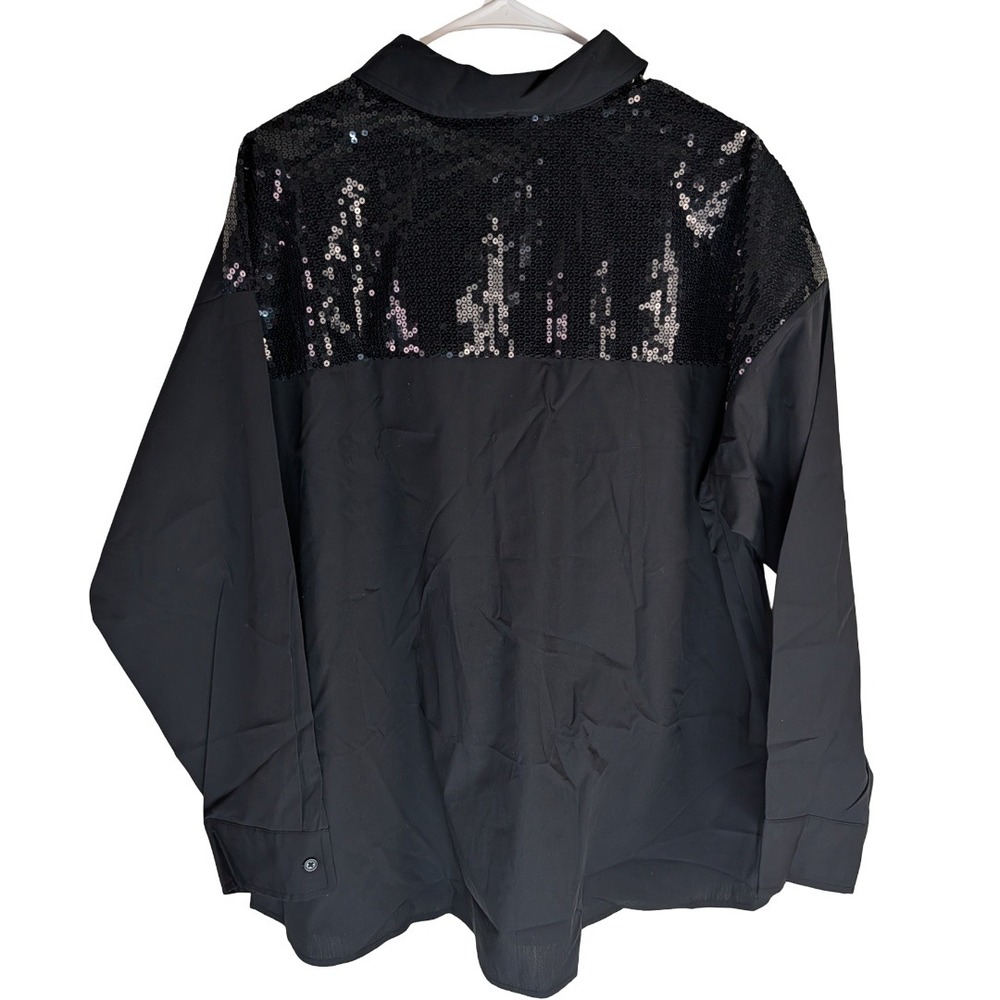 Attitudes by Renee Button Front Shirt Womens 1X Black Sequin Back Yoke Glam